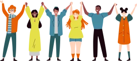 Diverse Group of Cheerful People Celebrating Unity with Raised Arms Clipart Illustration