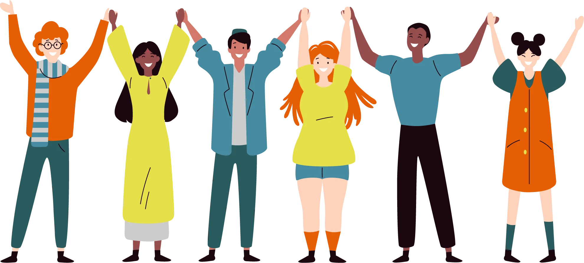 Diverse Group of Cheerful People Celebrating Unity with Raised Arms Clipart Illustration
