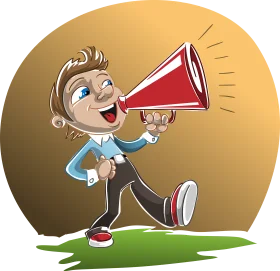 Enthusiastic Cartoon Character Announcing with Loud Red Megaphone Clipart Illustration