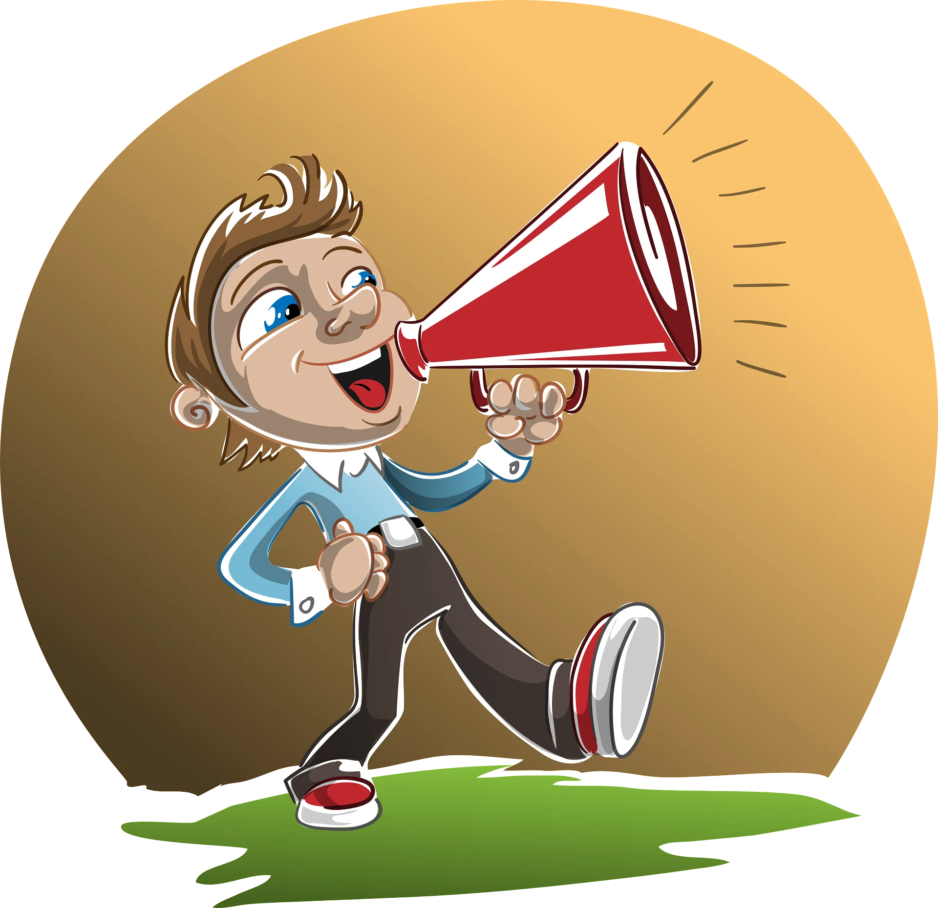 Enthusiastic Cartoon Character Announcing with Loud Red Megaphone Clipart Illustration