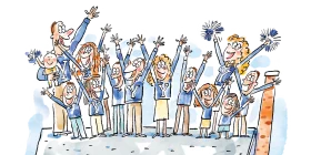 Enthusiastic Team Spirit Celebration Clipart with Raised Arms and Energy