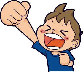 Enthusiastic Young Boy Celebrating with Raised Fist Cartoon Clipart