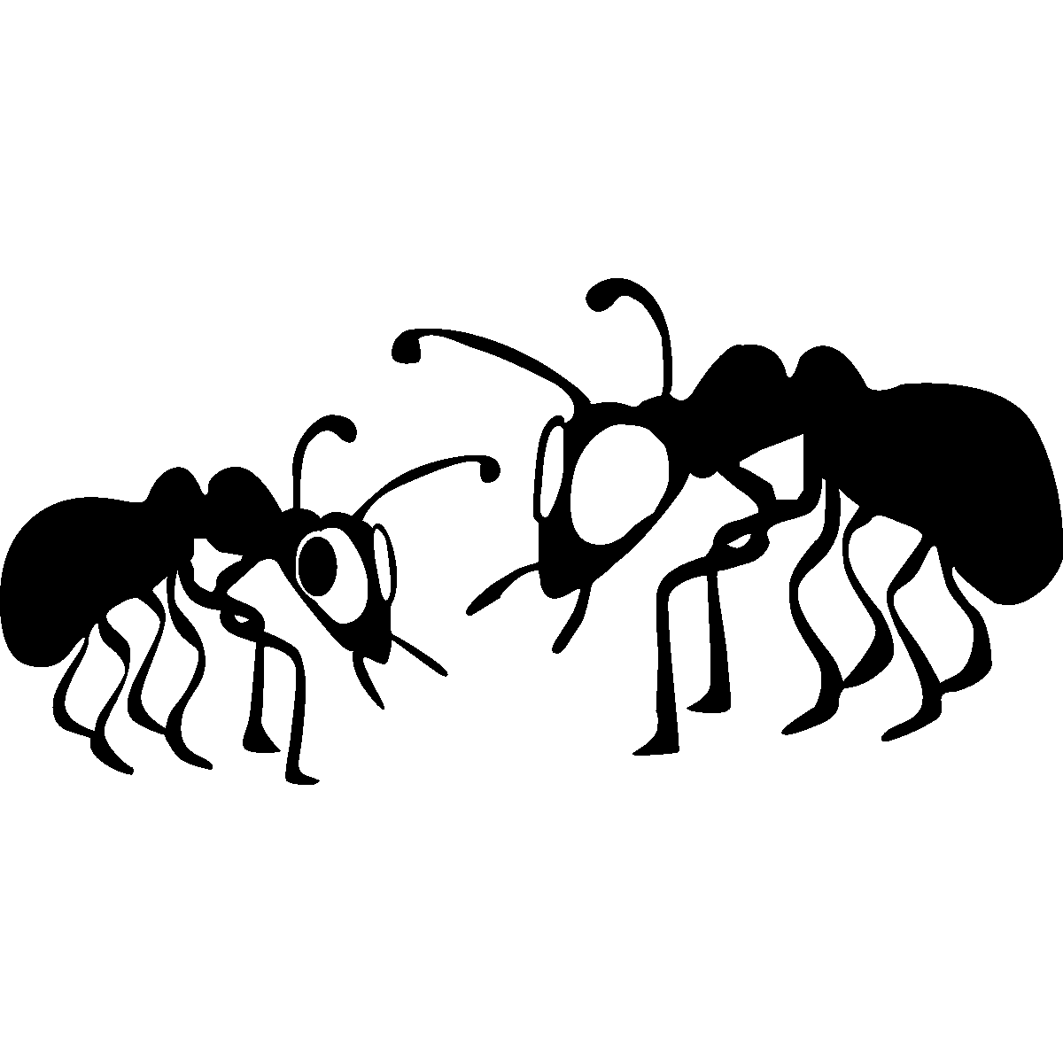 Two Black and White Silhouetted Ants Engaging in Social Interaction Clipart Design
