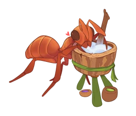 Whimsical Red Ant Character Enjoying Refreshing Drink in Wooden Bucket Clipart