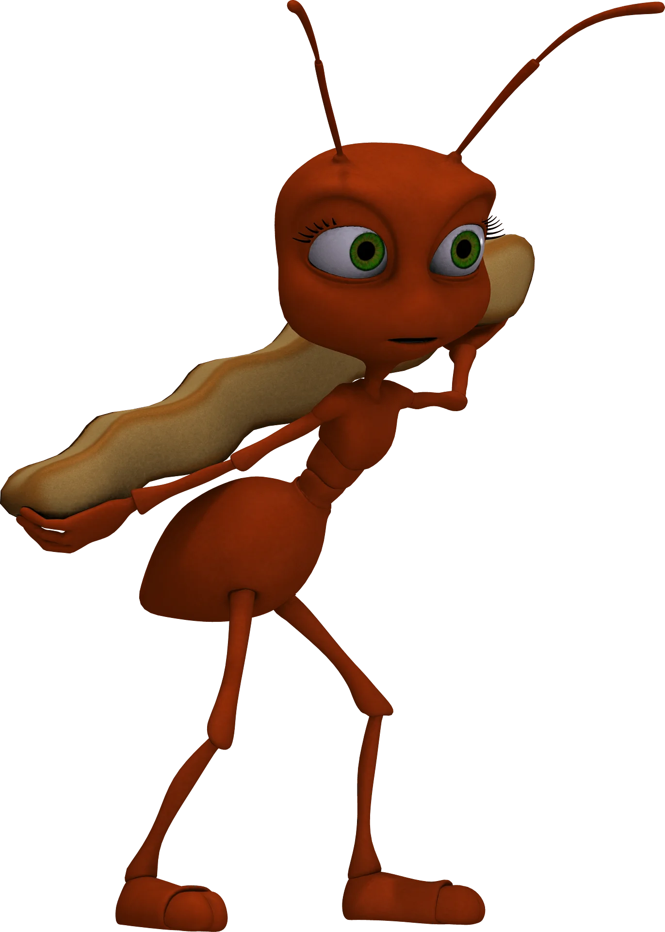 Whimsical Red Cartoon Ant Clipart with Expressive Green Eyes and Dynamic Pose