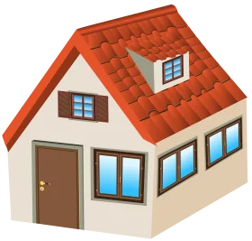 Charming Single-Story House Clipart with Terracotta Roof and Blue Windows