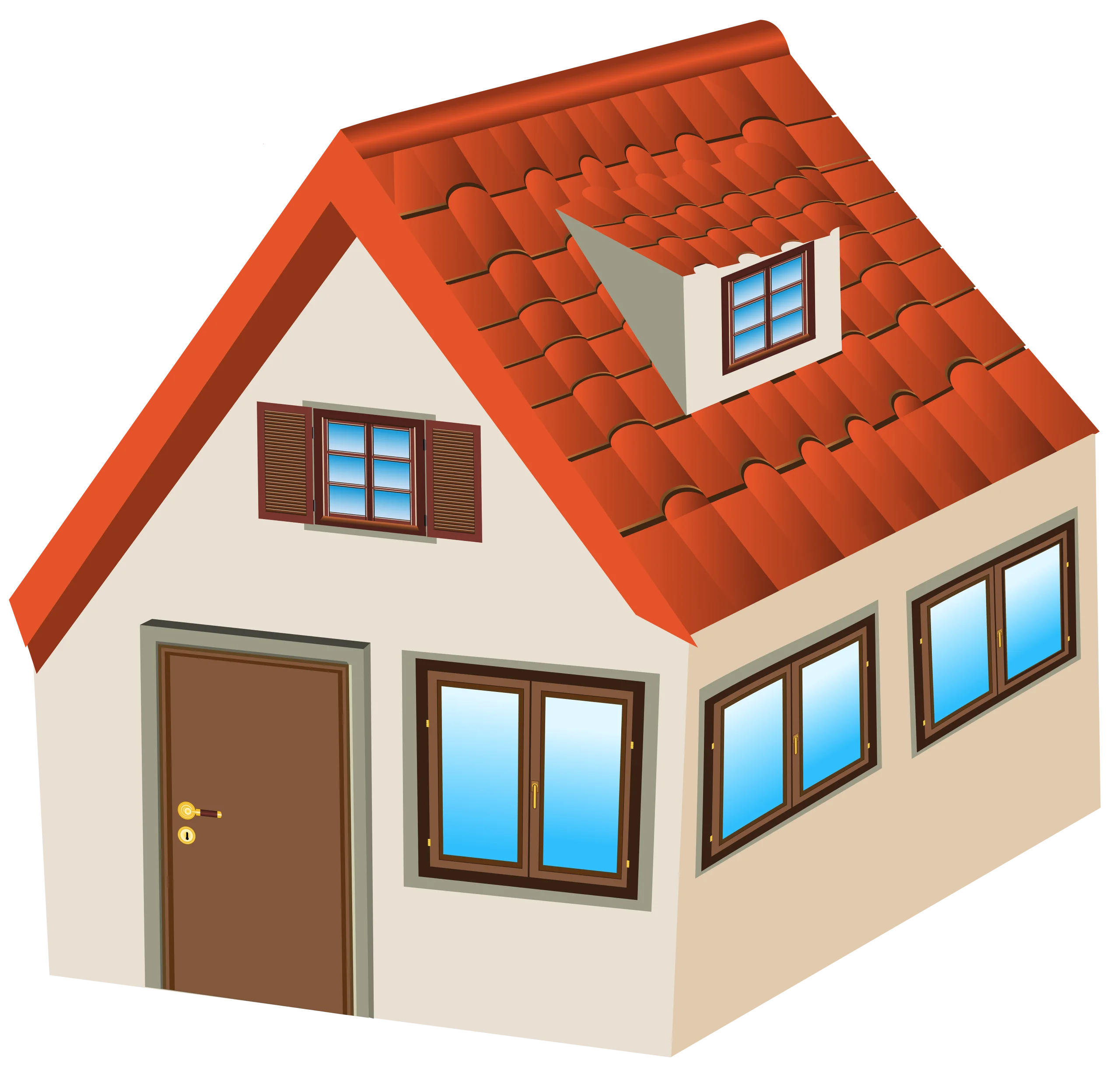 Charming Single-Story House Clipart with Terracotta Roof and Blue Windows