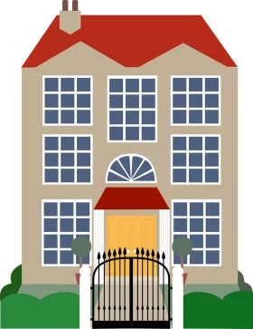 Charming Two-Story House Clipart with Decorative Gate and Landscaping