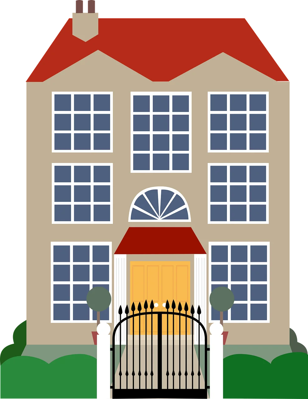 Charming Two-Story House Clipart with Decorative Gate and Landscaping