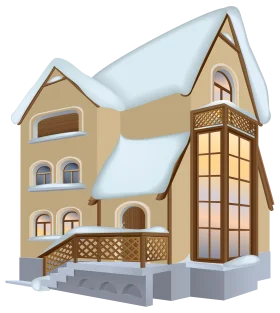 Charming Wintertime Cottage Clipart: Cozy Architectural Illustration with Snowy Accents
