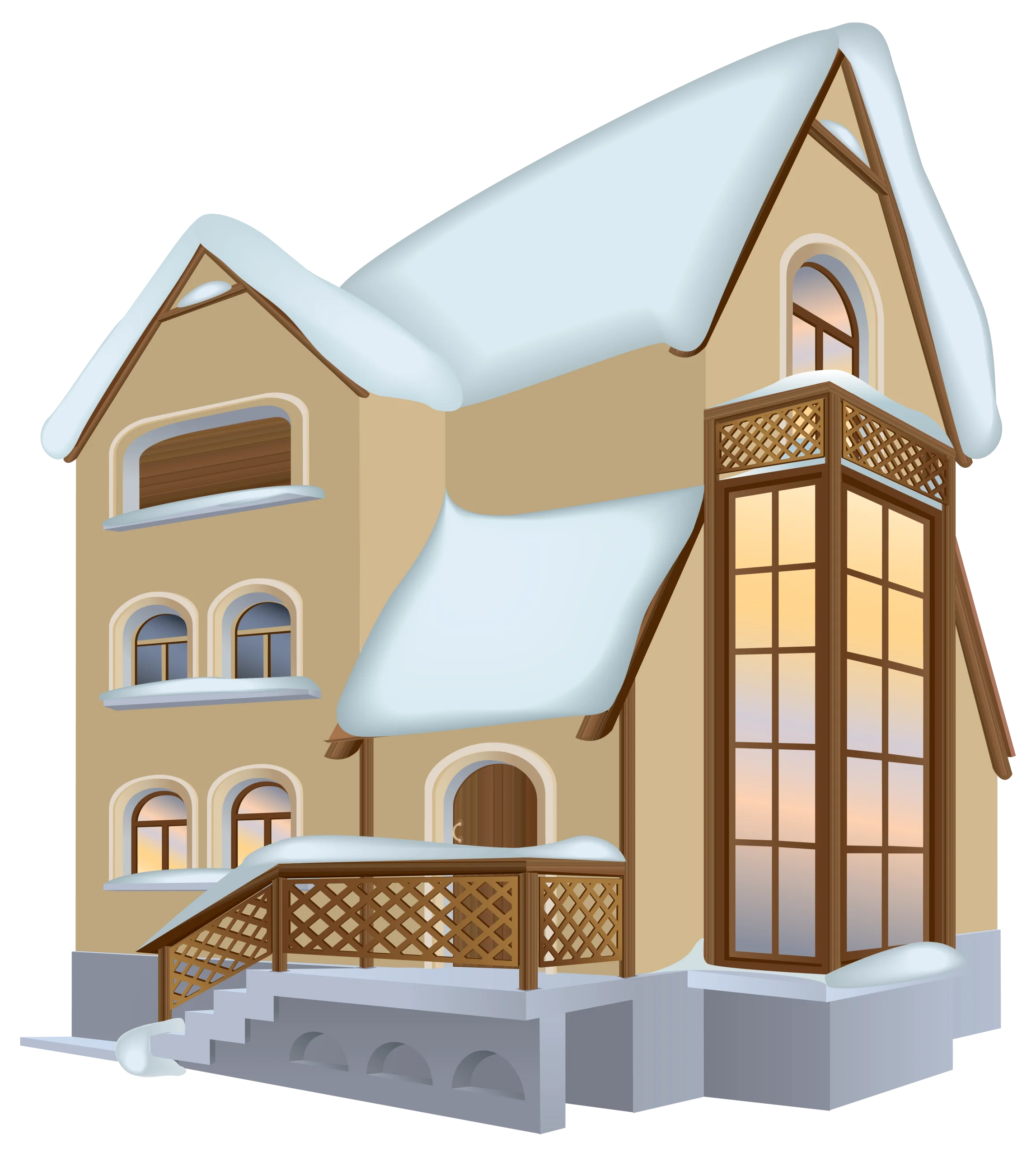 Charming Wintertime Cottage Clipart: Cozy Architectural Illustration with Snowy Accents