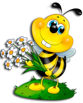 Cheerful Cartoon Bumblebee Clipart Holding Daisy Flower Bouquet on Grassy Patch
