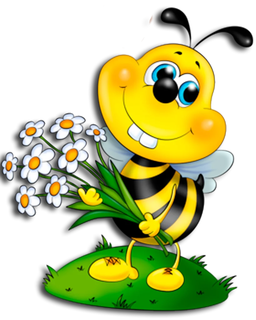 Cheerful Cartoon Bumblebee Clipart Holding Daisy Flower Bouquet on Grassy Patch