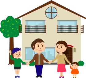 Happy Family Together Outside Their Charming Residential Clipart Scene