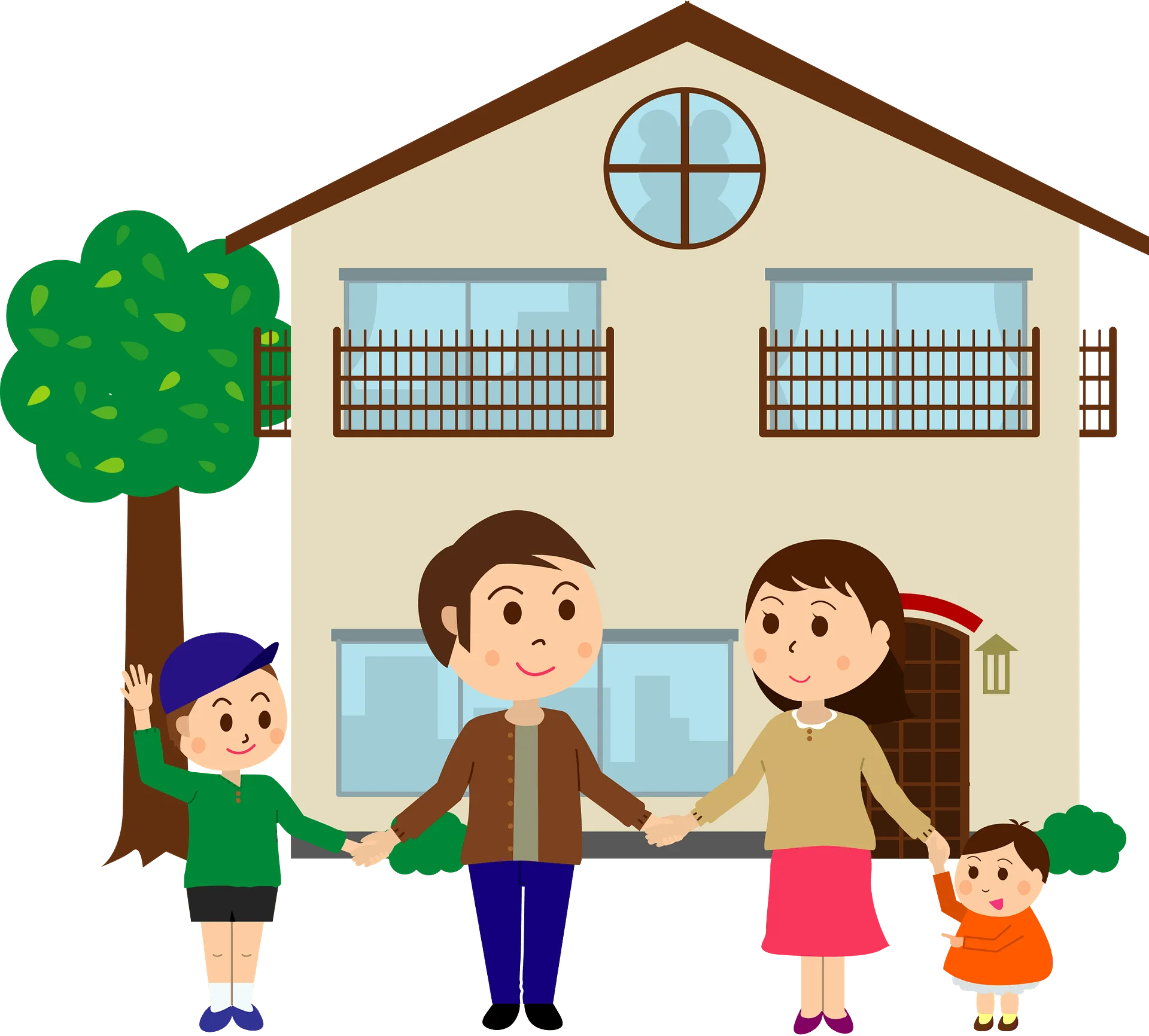 Happy Family Together Outside Their Charming Residential Clipart Scene