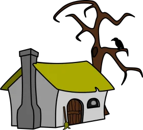 Rustic Cottage with Twisted Tree Branches Spooky Halloween Clipart Scene