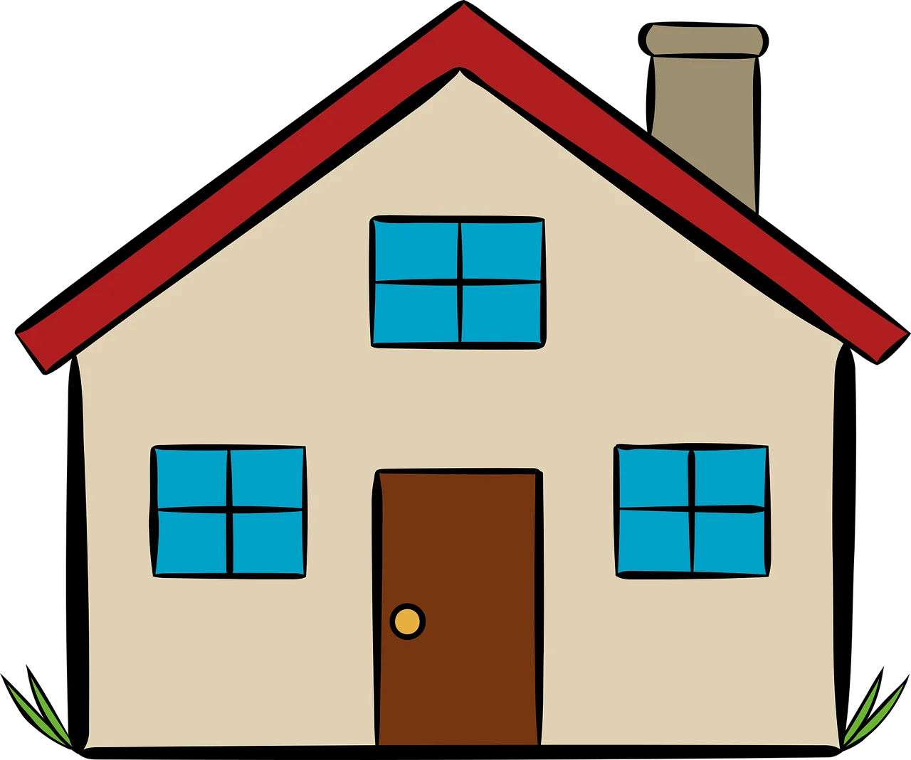 Simple Family House Clipart Illustration with Blue Windows and Red Roof