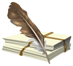 Vintage Feather Quill Pen Resting on Antique Stacked Paper Documents Clipart