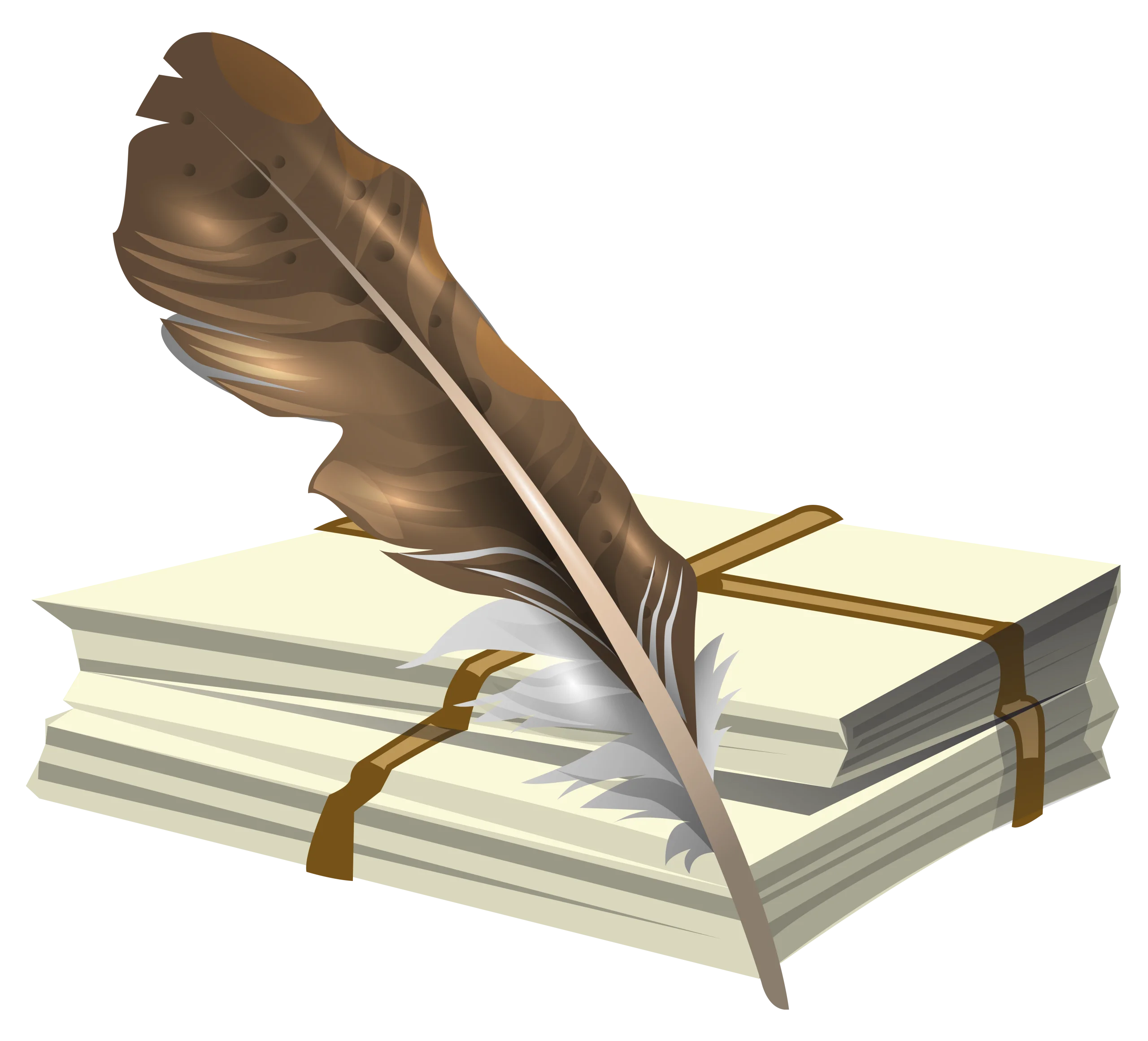 Vintage Feather Quill Pen Resting on Antique Stacked Paper Documents Clipart