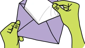 Cartoon Hands Opening a Lavender Envelope Clipart with Stylized Green Fingers