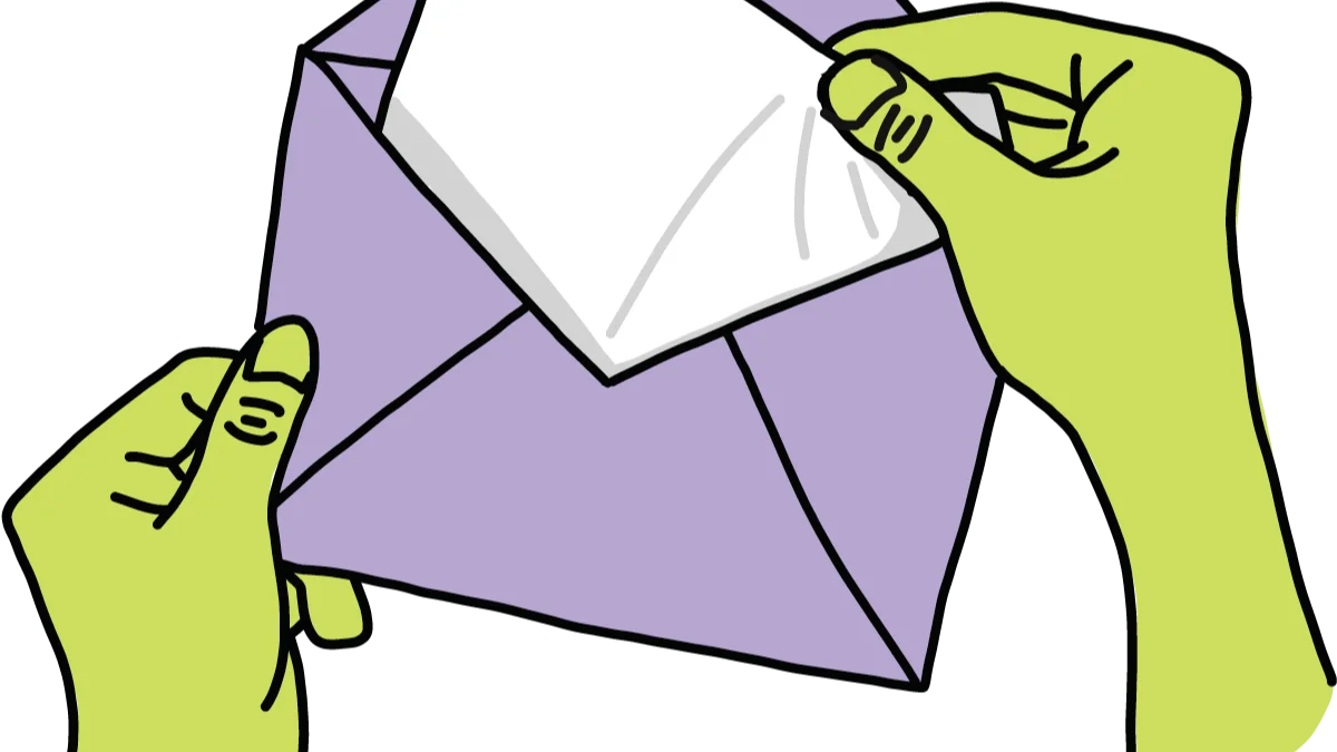 Cartoon Hands Opening a Lavender Envelope Clipart with Stylized Green Fingers