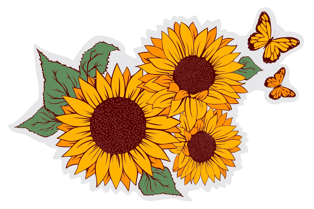Cheerful Sunflower Clipart with Dancing Monarch Butterflies Illustration