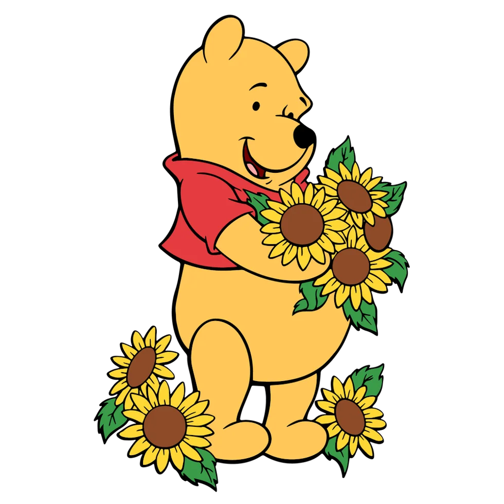 Cheerful Winnie the Pooh Enjoying Sunflowers Clipart Illustration