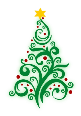 Elegant Swirling Green Christmas Tree Clipart with Red Ornaments and Golden Star
