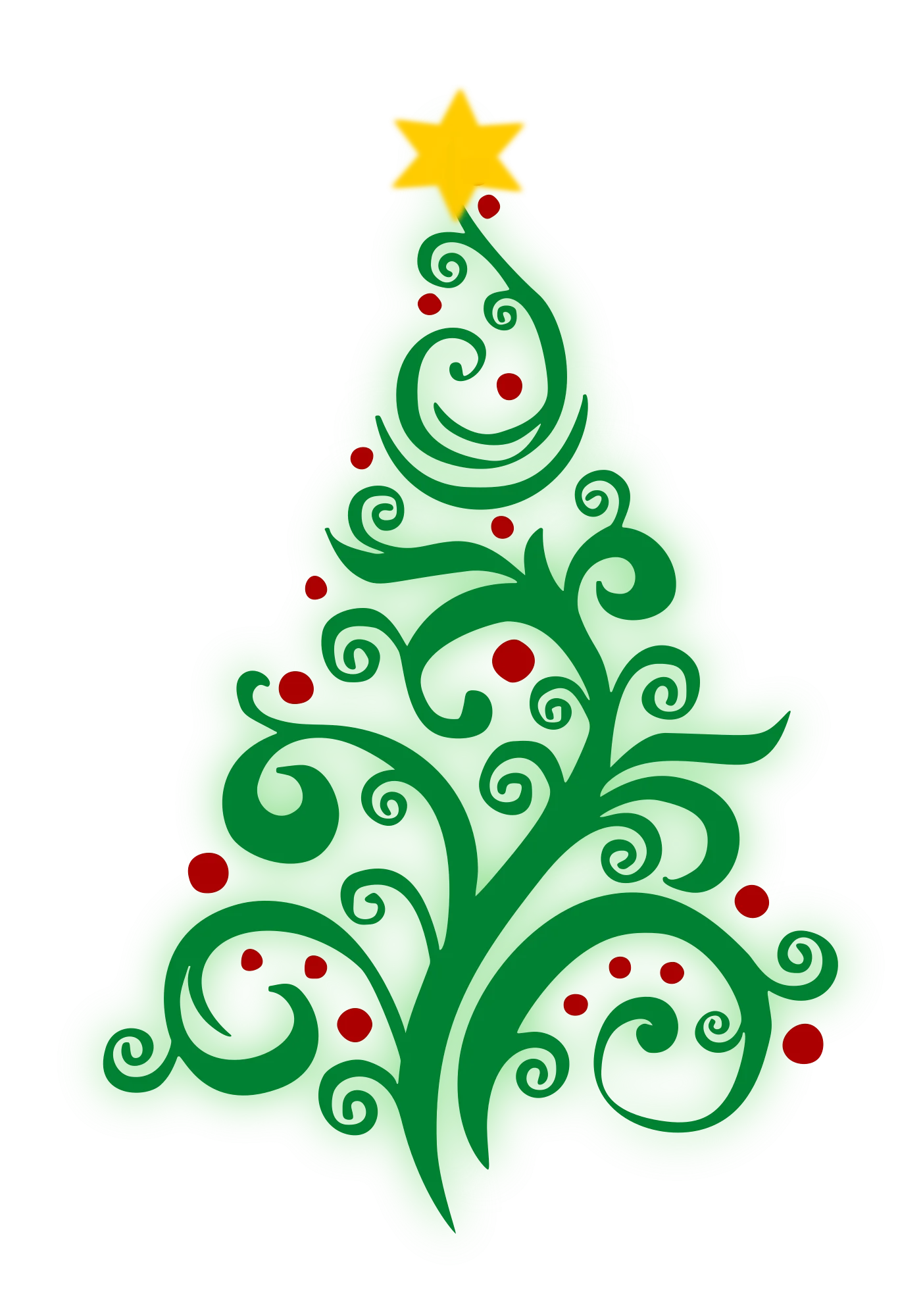 Elegant Swirling Green Christmas Tree Clipart with Red Ornaments and Golden Star