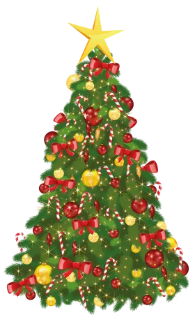 Festive Christmas Tree Clipart with Ornaments, Bows, and Sparkling Decorations