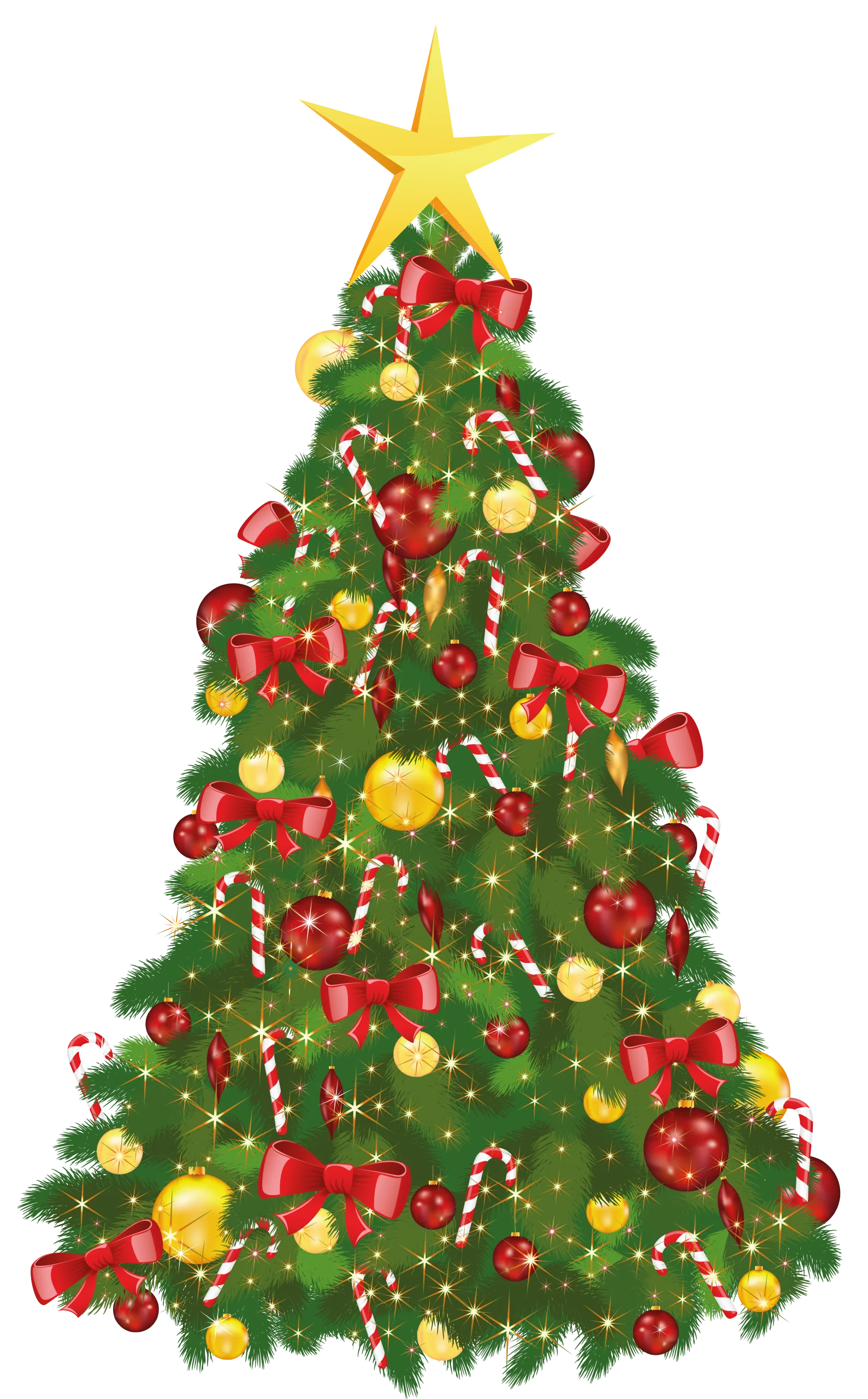 Festive Christmas Tree Clipart with Ornaments, Bows, and Sparkling Decorations