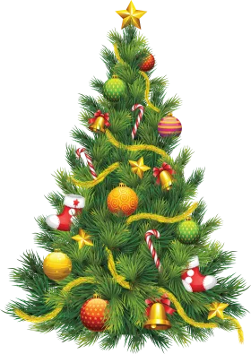 Festive Christmas Tree Clipart with Ornaments, Candy Canes, and Sparkling Decorations