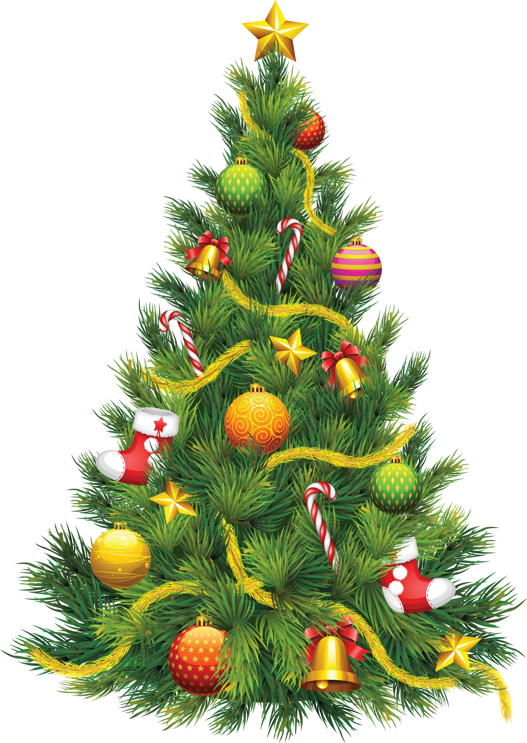 Festive Christmas Tree Clipart with Ornaments, Candy Canes, and Sparkling Decorations