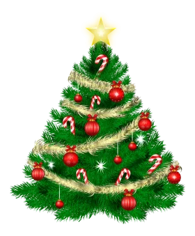 Festive Christmas Tree Clipart with Red Ornaments and Golden Star Topper