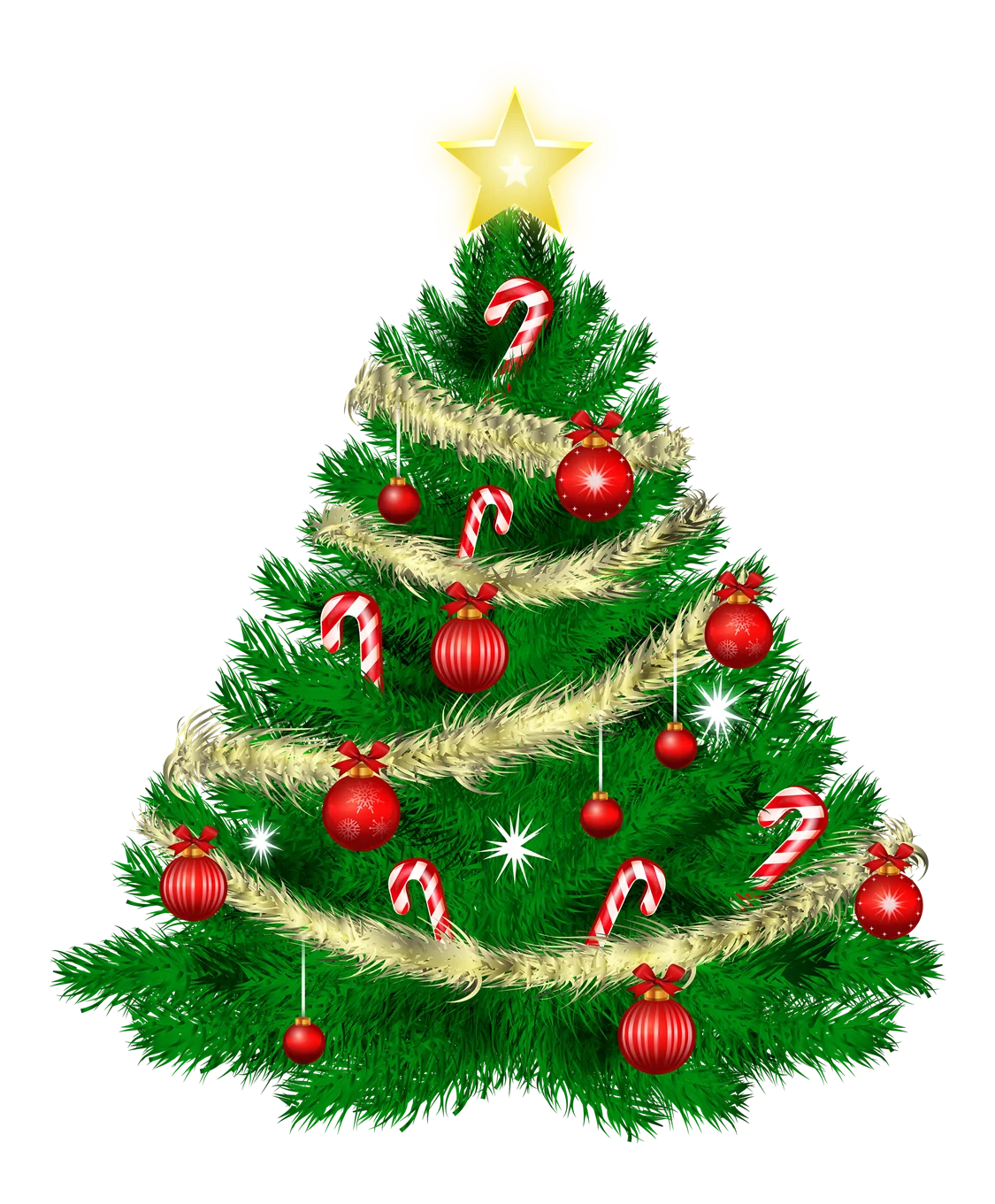 Festive Christmas Tree Clipart with Red Ornaments and Golden Star Topper