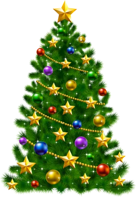 Festive Christmas Tree Clipart with Sparkling Golden Stars and Colorful Ornaments
