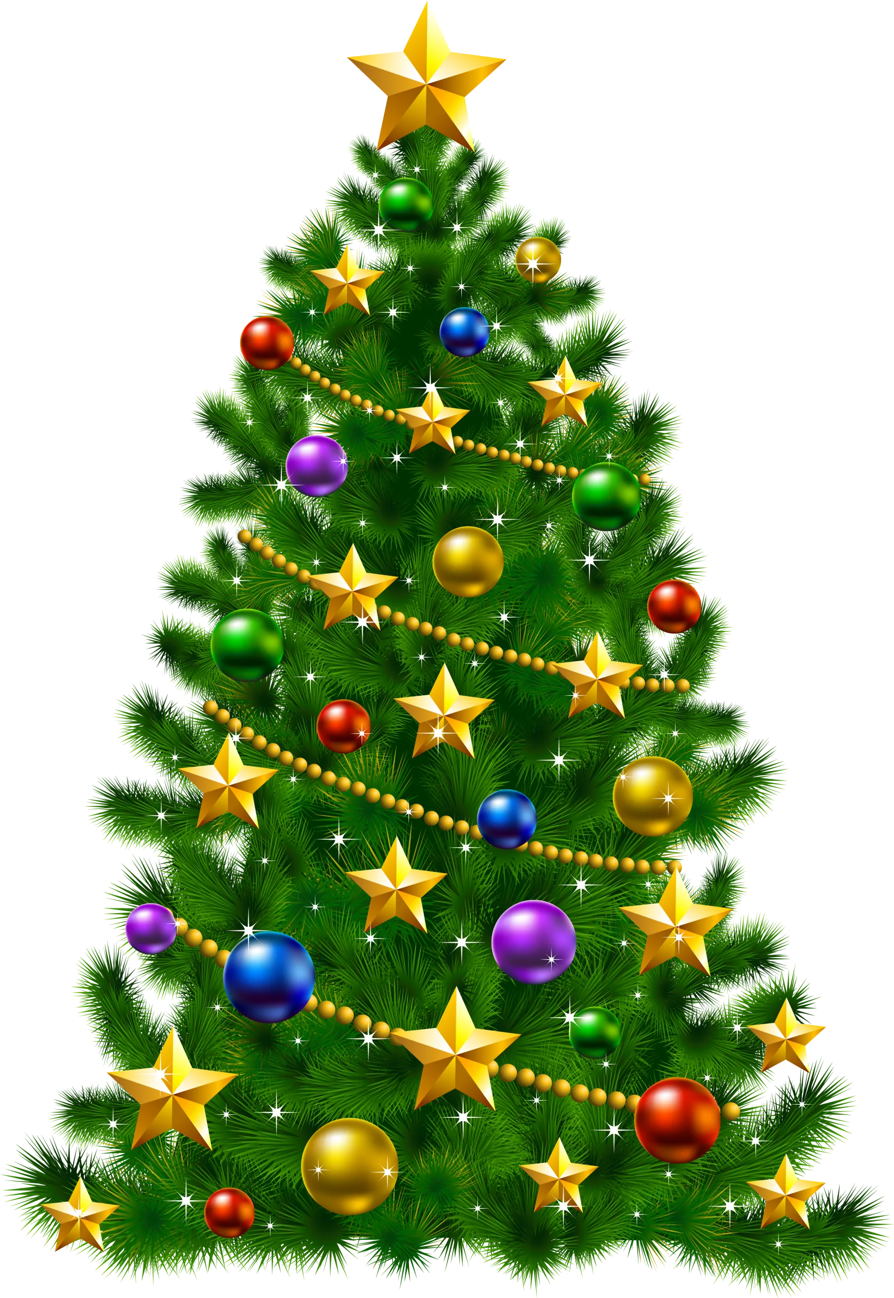 Festive Christmas Tree Clipart with Sparkling Golden Stars and Colorful Ornaments