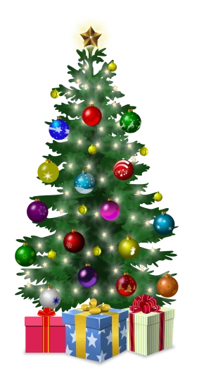 Festive Evergreen Christmas Tree Clipart with Ornaments and Glowing Lights