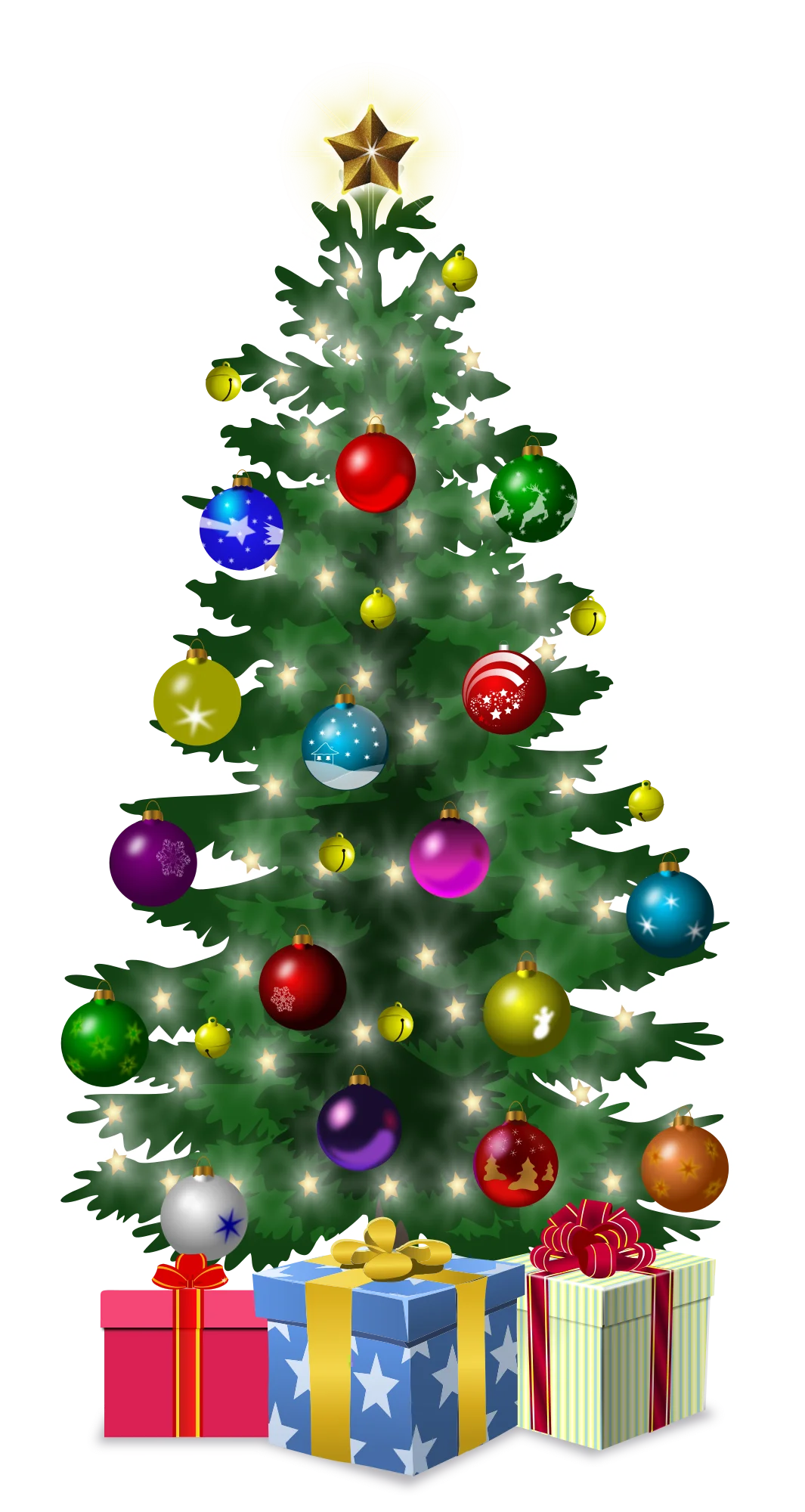Festive Evergreen Christmas Tree Clipart with Ornaments and Glowing Lights