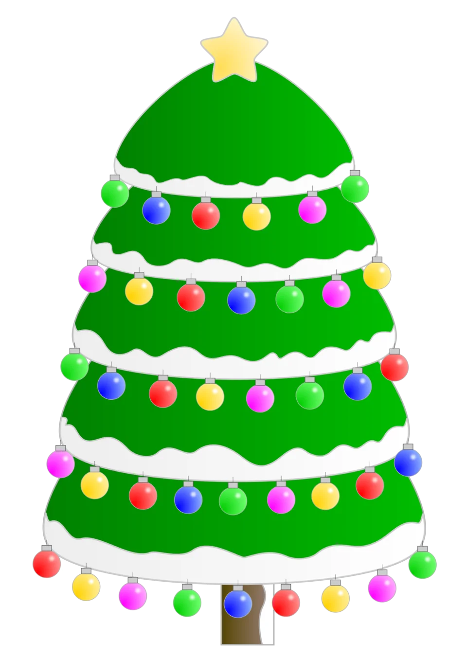 Festive Green Christmas Tree Clipart with Colorful Ornamental Baubles and Star