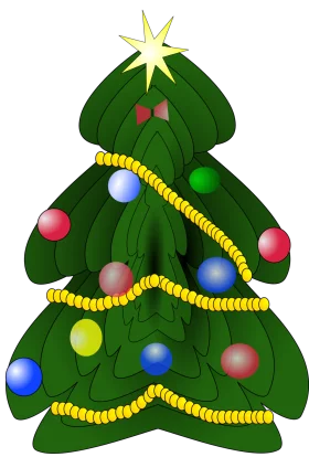 Festive Green Christmas Tree Clipart with Colorful Ornaments and Golden Garland
