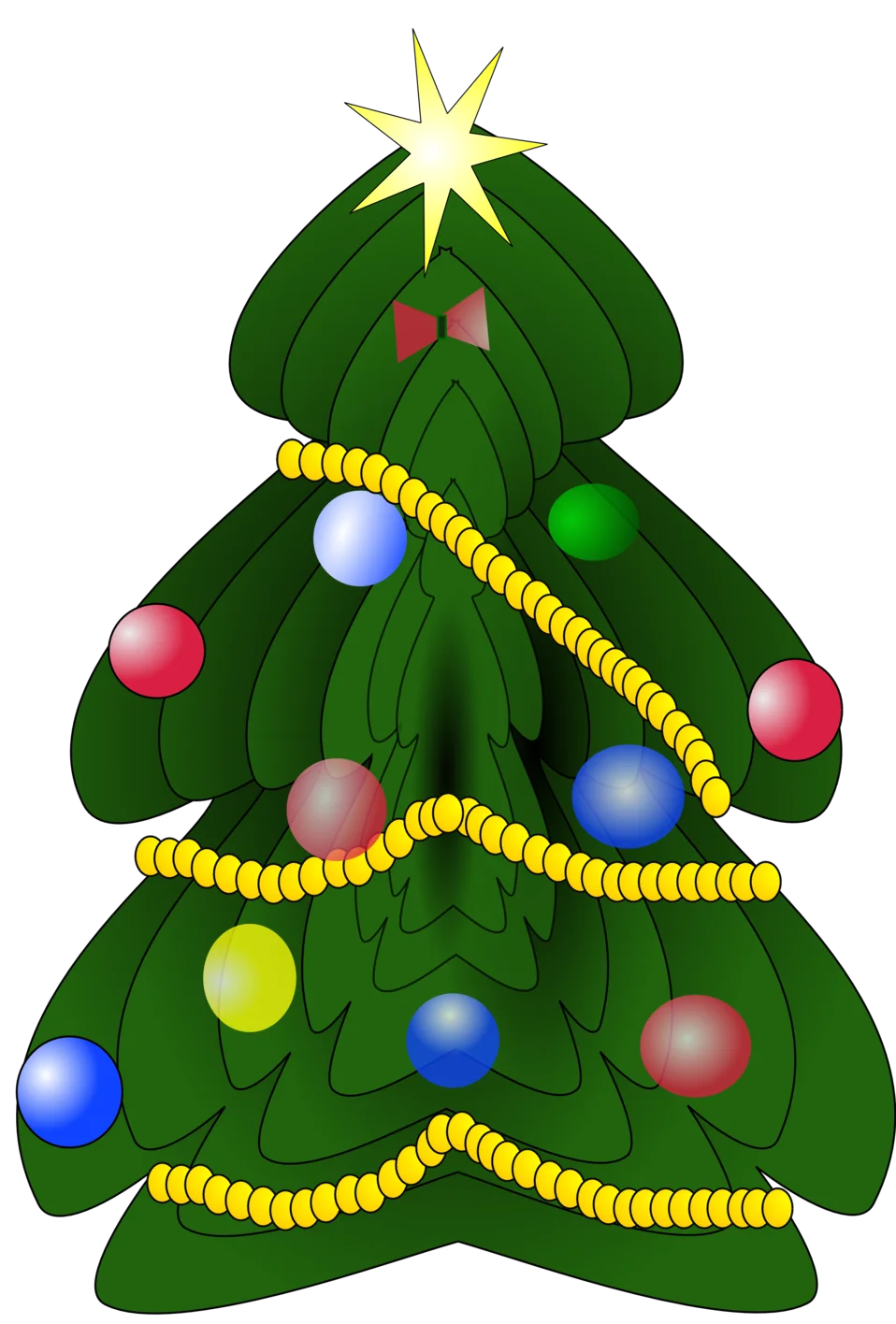 Festive Green Christmas Tree Clipart with Colorful Ornaments and Golden Garland