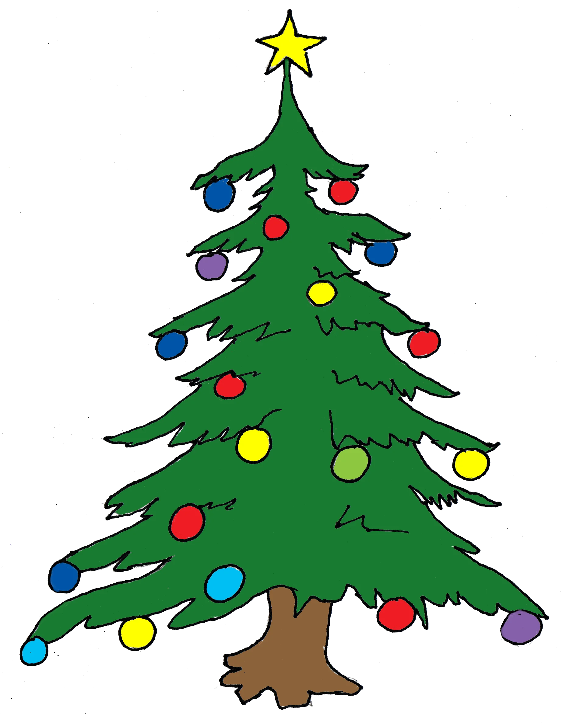 Festive Green Christmas Tree Clipart with Colorful Ornaments and Bright Star