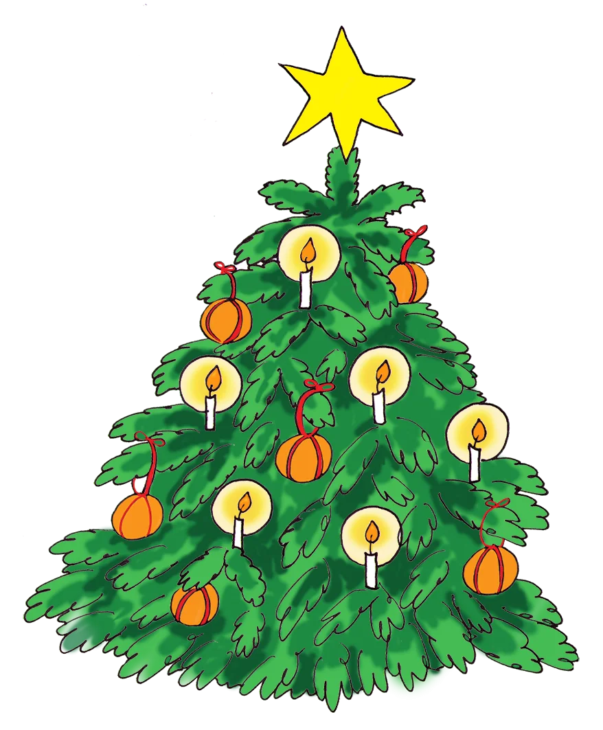 Festive Green Christmas Tree Clipart with Glowing Candles and Golden Star