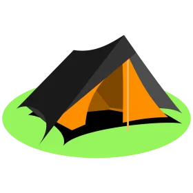 Minimalist Black and Orange Camping Tent Clipart Design with Grassy Base