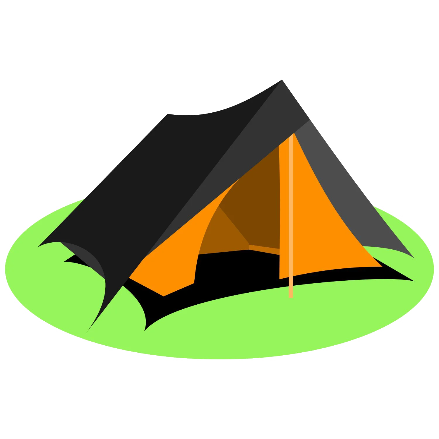 Minimalist Black and Orange Camping Tent Clipart Design with Grassy Base