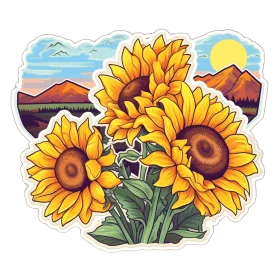 Radiant Sunflower Meadow Landscape Sticker Clipart Design with Mountain Backdrop