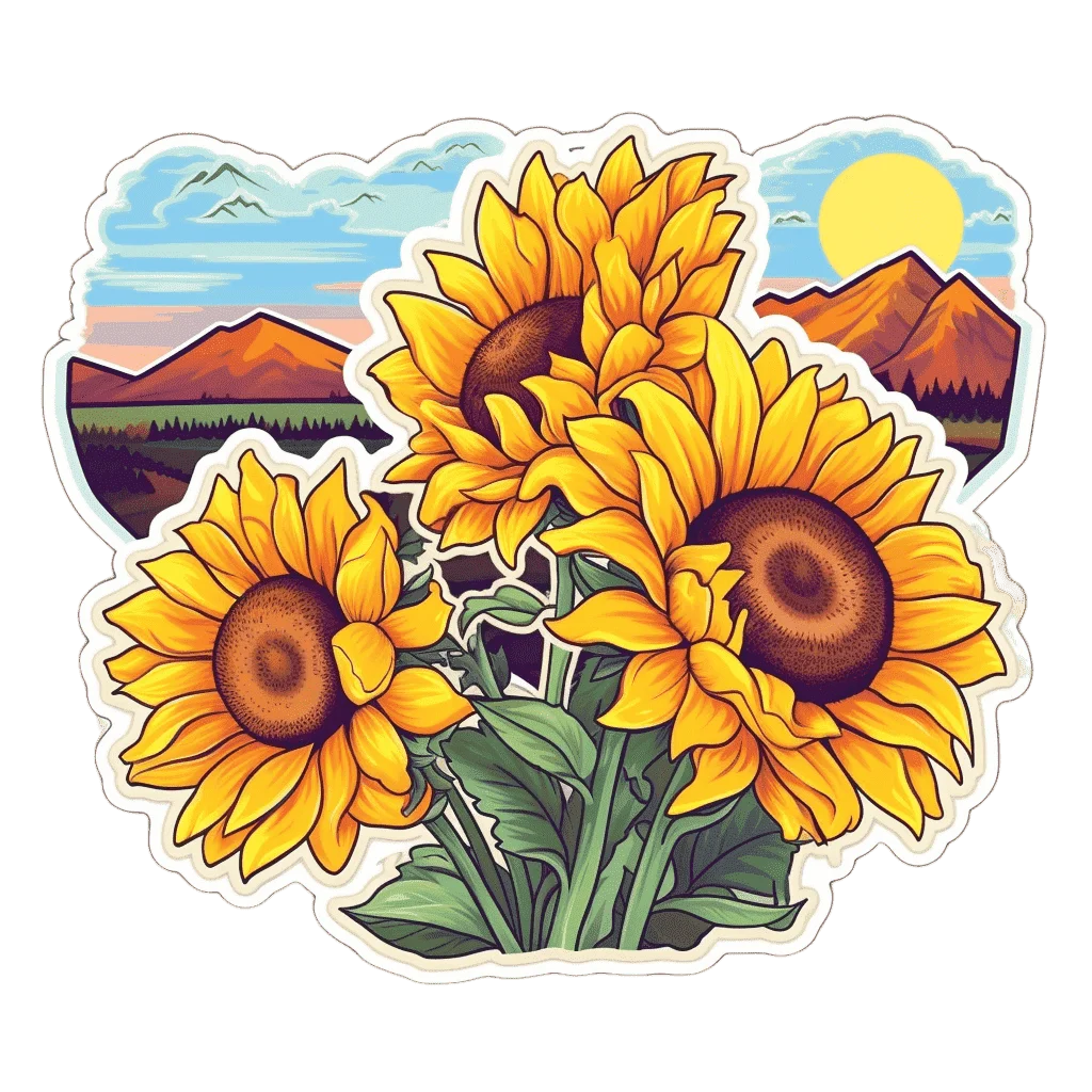 Radiant Sunflower Meadow Landscape Sticker Clipart Design with Mountain Backdrop
