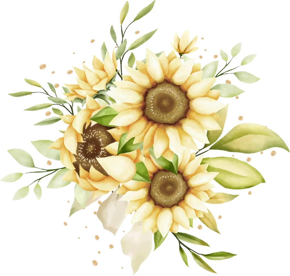 Watercolor Sunflower Bouquet Clipart: Soft Botanical Illustration with Delicate Leaves