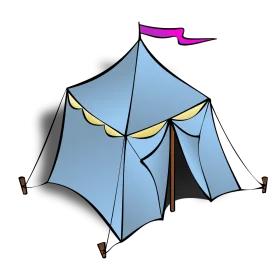 Whimsical Blue Medieval-Style Camping Tent Clipart with Purple Flag